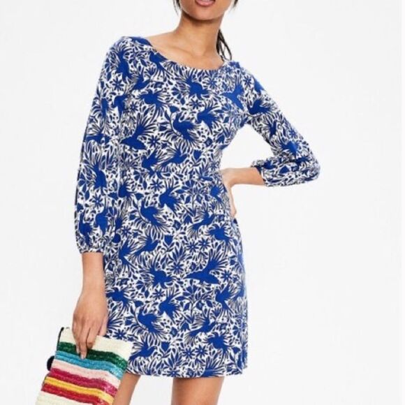 Boden Lucie jersey tunic lapis bird ottomi dress 3/4 sleeve elastic waist size 8 - Picture 1 of 10